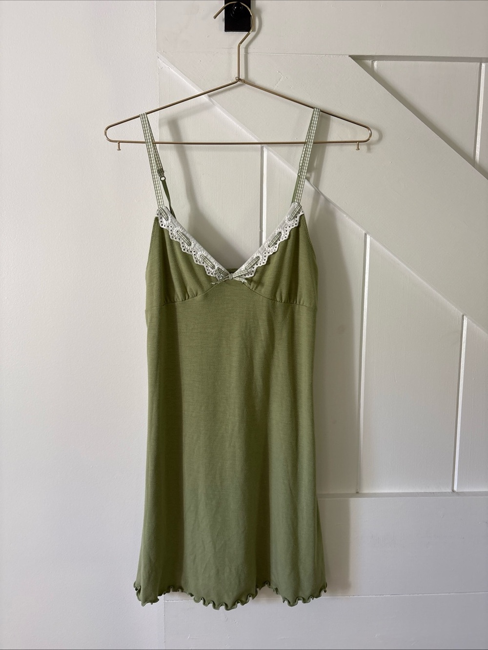 Old Navy Intimates Babydoll Mini Slip Dress Green White Lace Trim Y2K Nightgown
